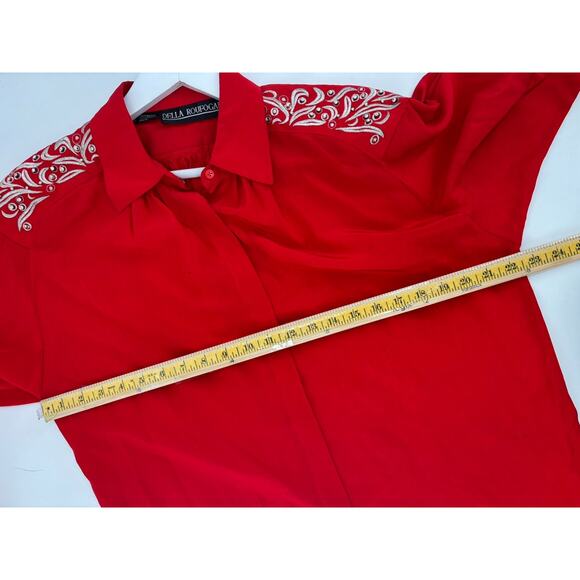 Vintage Della Roufogali Button Up Womens 14 Red Silver Western Rhinestone Silk - Picture 14 of 16